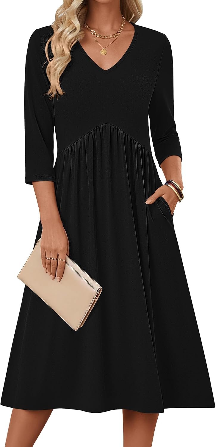 Summer Dresses for Women 2026 3/4 Sleeve Casual Midi Tshirt Dresses | Empire Waist, Flowy A-line Midi, Side Pockets, Boho Style, Tummy Control,loose fit, Beach Sundress, Great for Casual, Work - Image 2