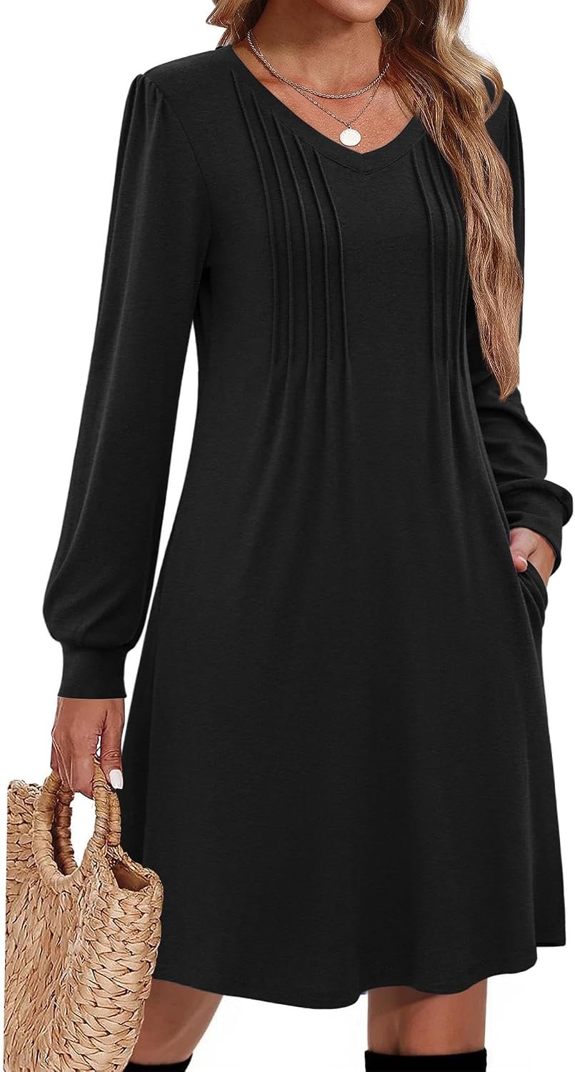 Fall Dresses for Women Long Sleeve Casual Pleated V Neck Dress 2026 A Line Tunic Dress