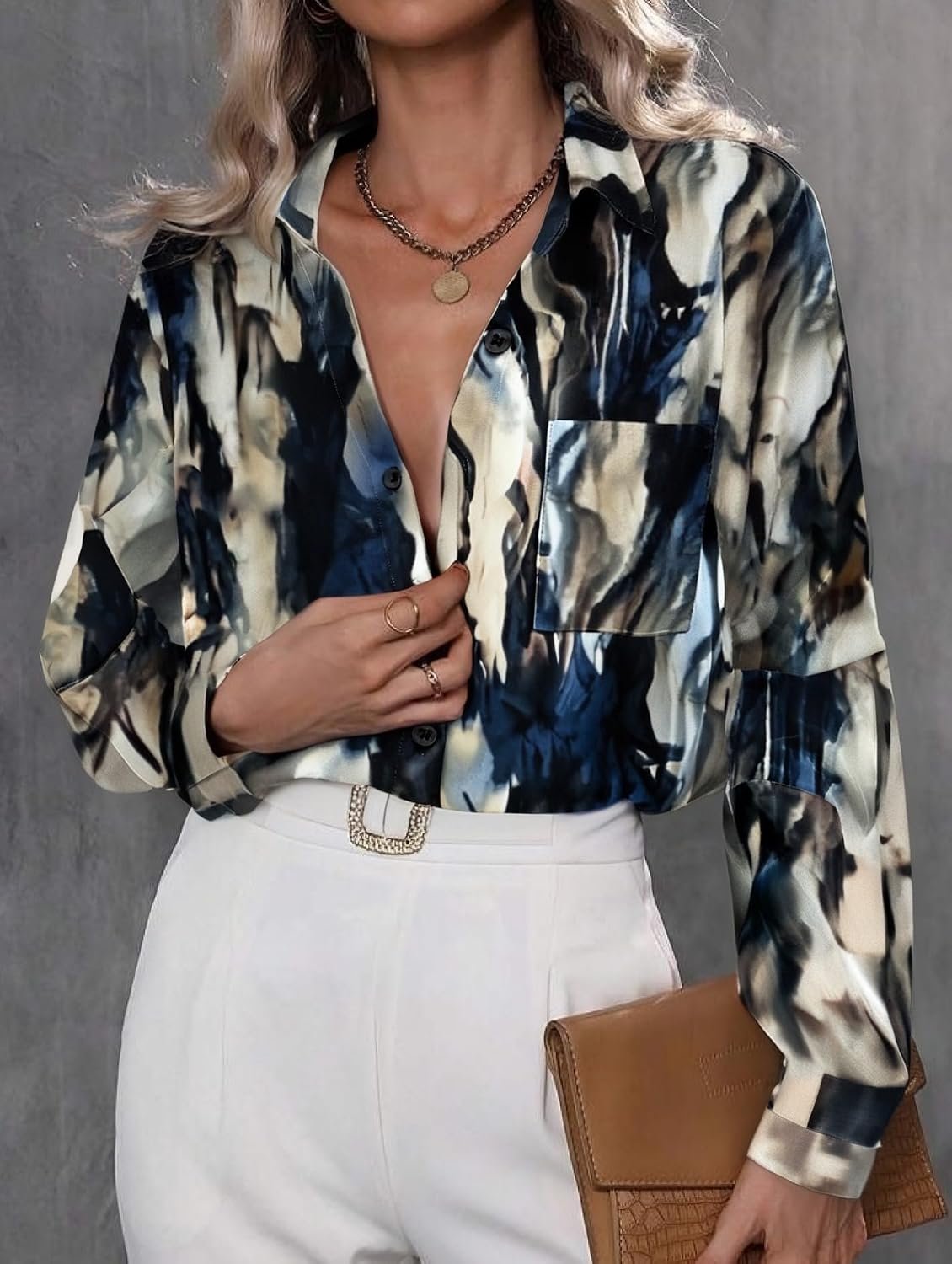 Womens Floral Button Down Shirt Long Sleeve Work Blouse with Pocket | Business Work Tops, Dressy Casual Shirts, Floral Blouse, Vacation Wear, Solid Color Outfits - Image 2