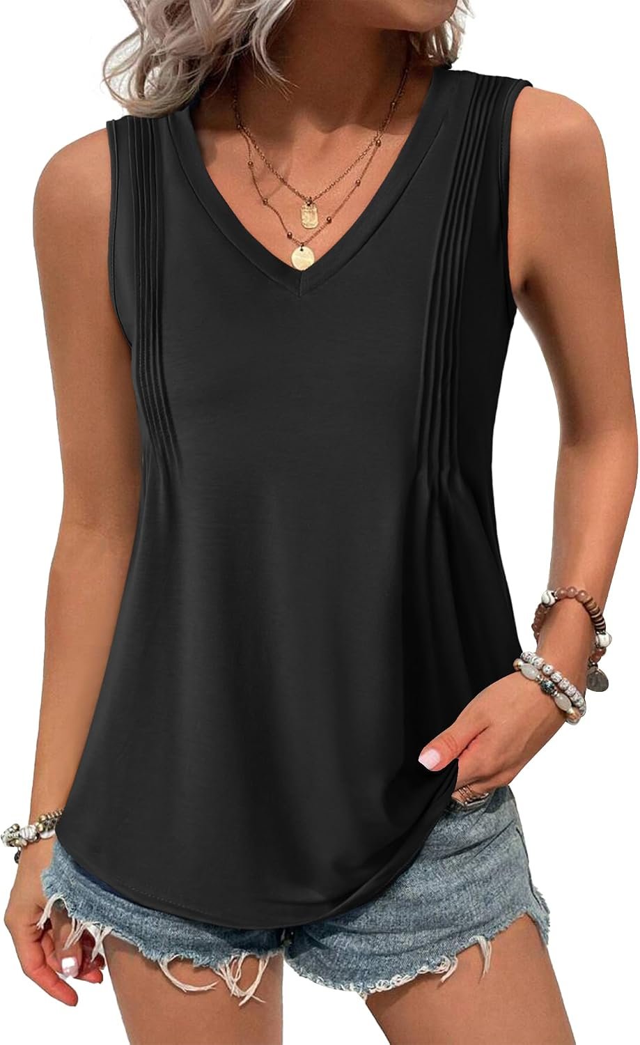 Women's Tank Tops Loose Fit Casual V Neck Boho Summer Pleated Sleeveless Shirts Basic Trendy Outfits Clothes