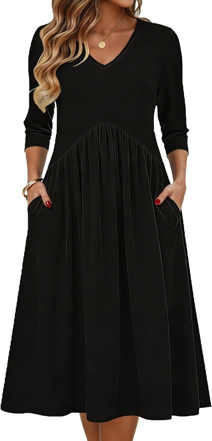Summer Dresses for Women 2026 3/4 Sleeve Casual Midi Tshirt Dresses | Empire Waist, Flowy A-line Midi, Side Pockets, Boho Style, Tummy Control,loose fit, Beach Sundress, Great for Casual, Work