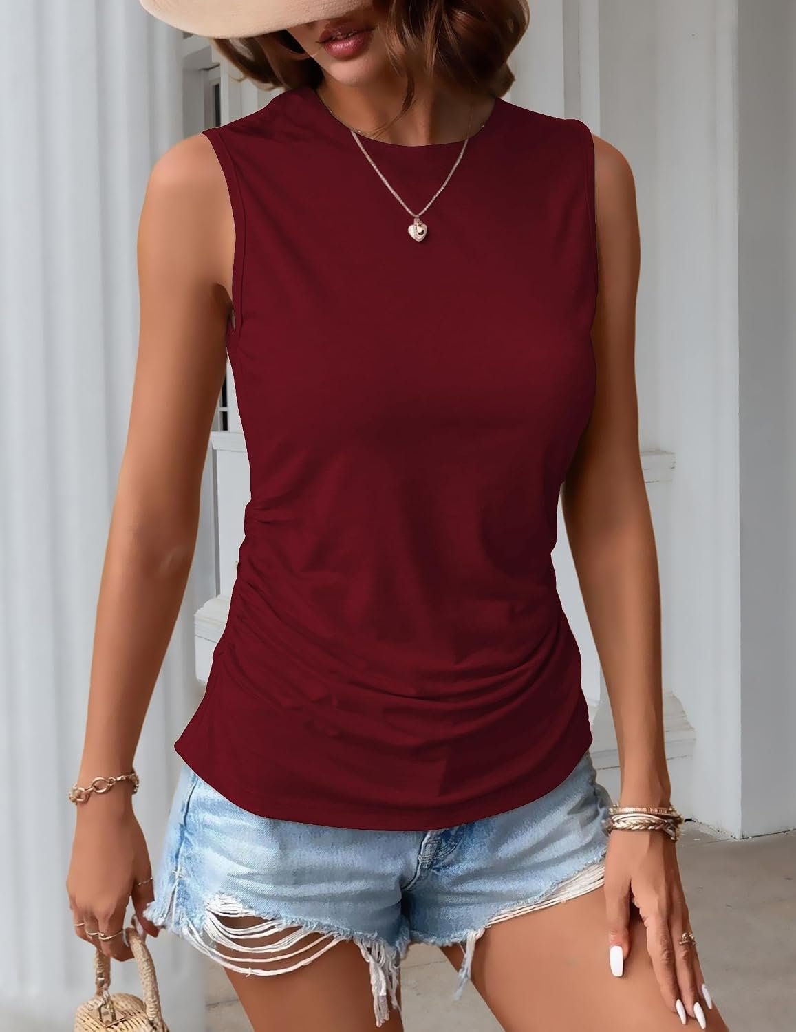 Womens Ruched Tank Tops Summer Dressy Casual Crewneck Sleeveless Shirts S-XXL - Image 2