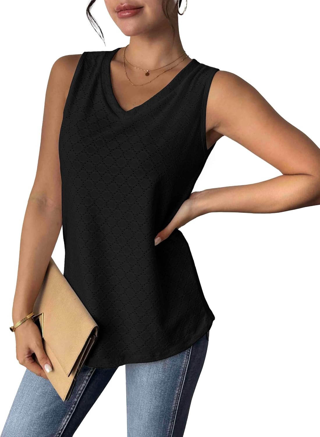 Women Eyelet Tank Tops Sleeveless Shirts V Neck Cute Summer Top Loose Fit Camisole S-XXL