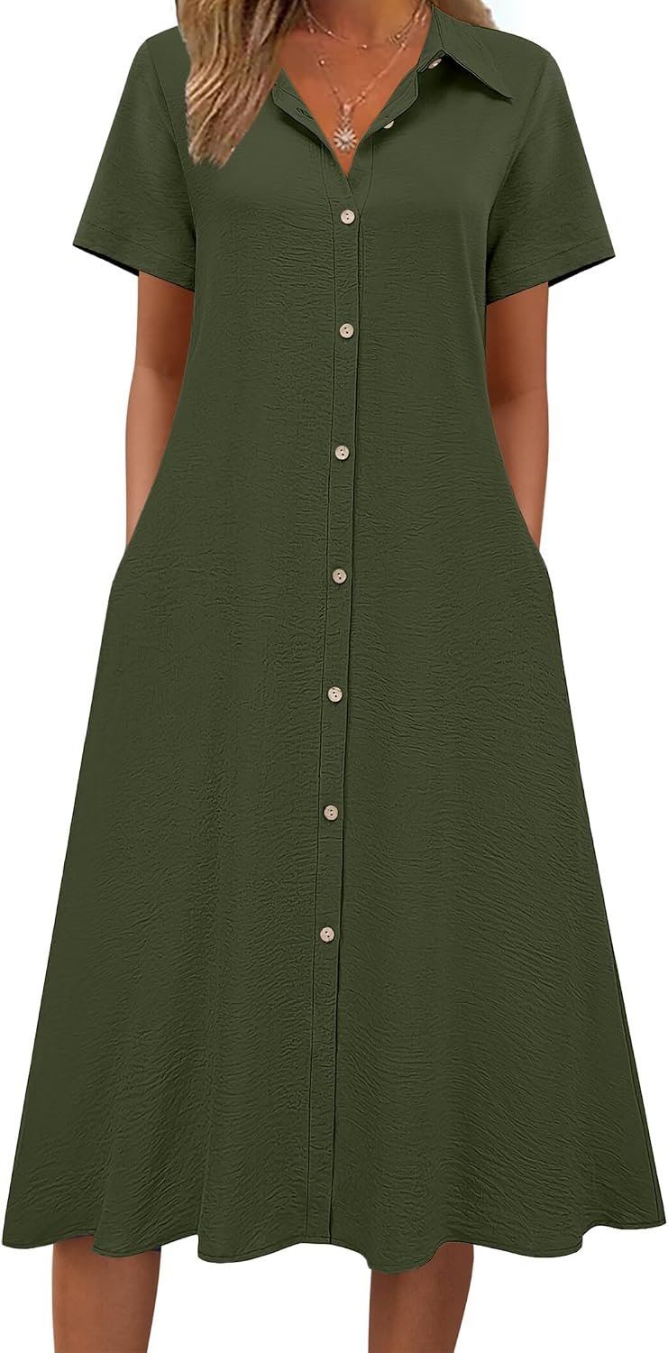 Summer Dresses for Women 2026 Button Down Shirt Dresses Aline Long Sundress Short Sleeve Beach Travel Cover Up