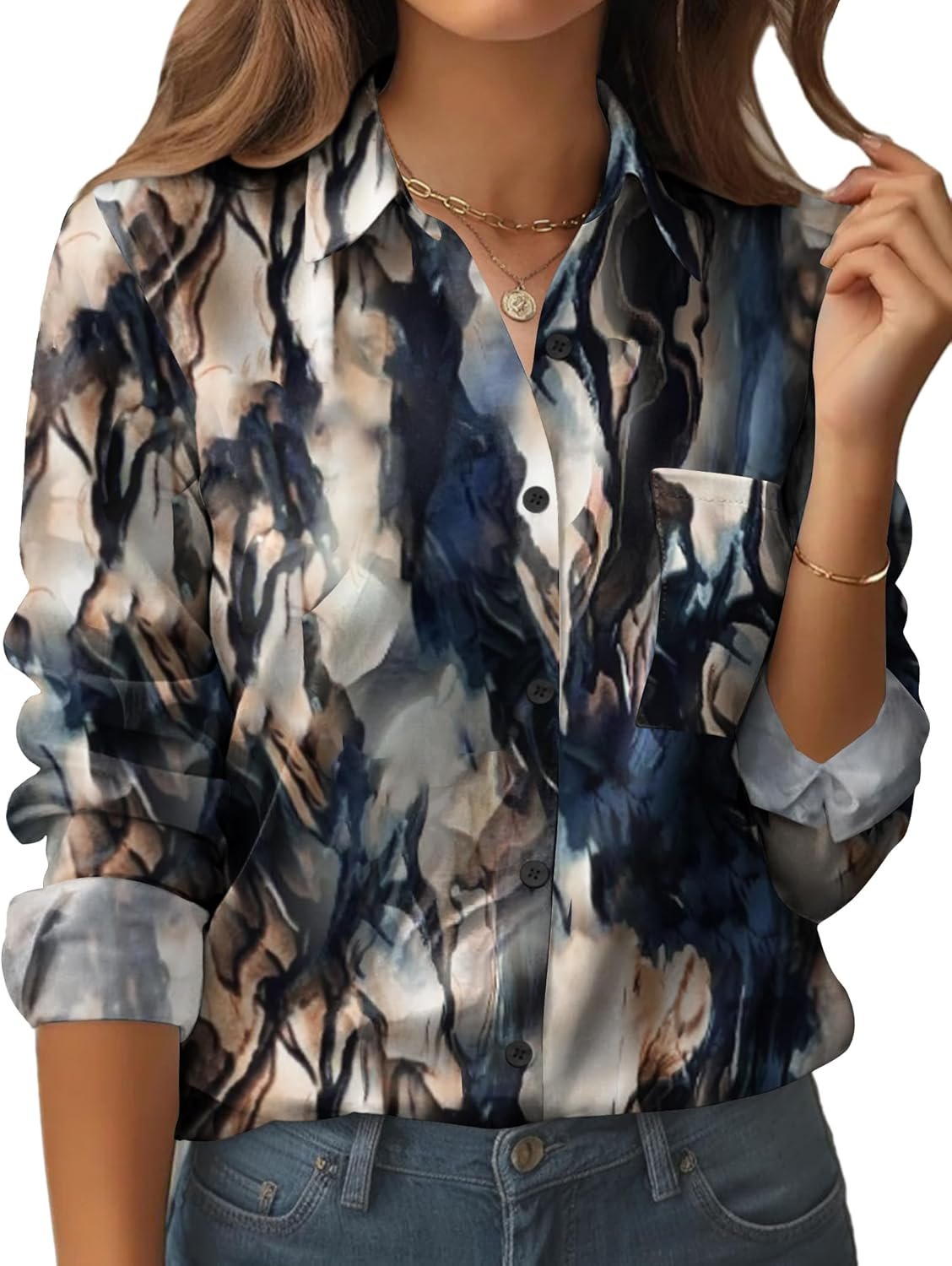 Womens Floral Button Down Shirt Long Sleeve Work Blouse with Pocket | Business Work Tops, Dressy Casual Shirts, Floral Blouse, Vacation Wear, Solid Color Outfits