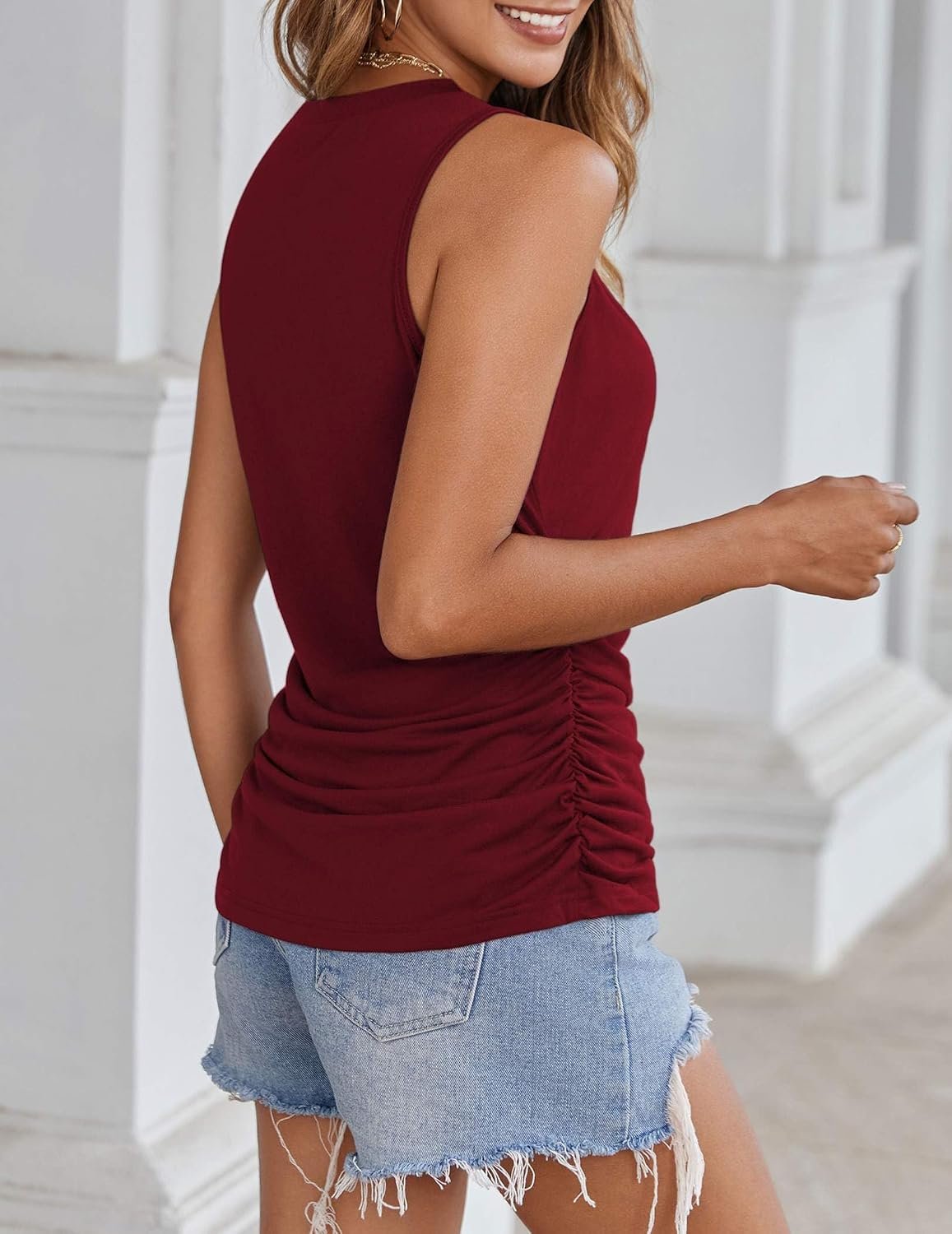 Womens Ruched Tank Tops Summer Dressy Casual Crewneck Sleeveless Shirts S-XXL - Image 3
