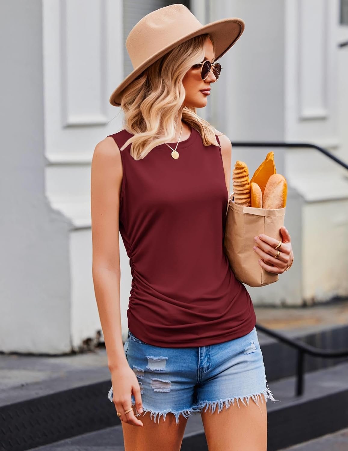 Womens Ruched Tank Tops Summer Dressy Casual Crewneck Sleeveless Shirts S-XXL - Image 6