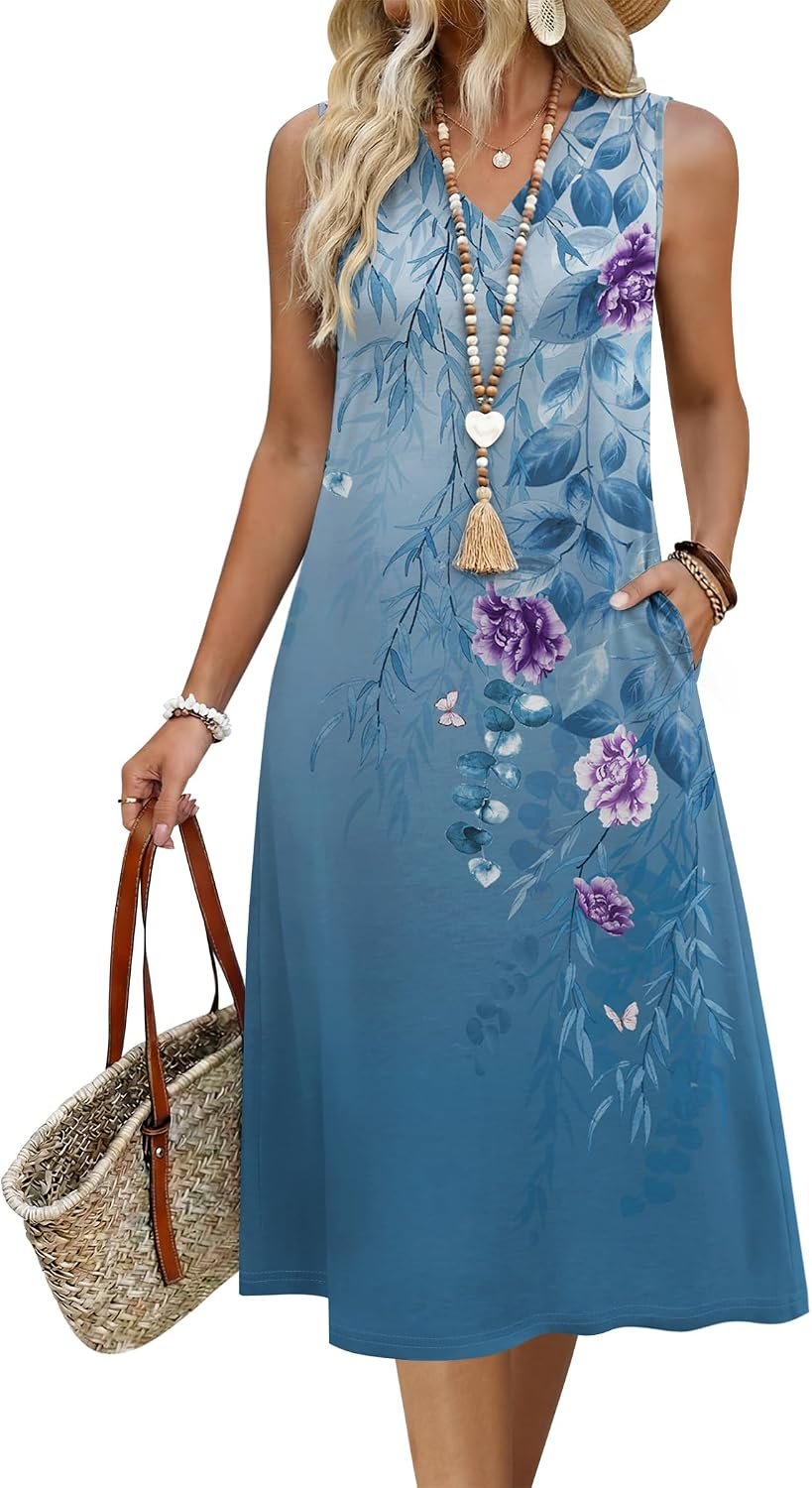 Sundresses Dresses for Women 2026 Summer Sleeveless V Neck Casual Midi Tank Beach Vacation Dresses with Pockets