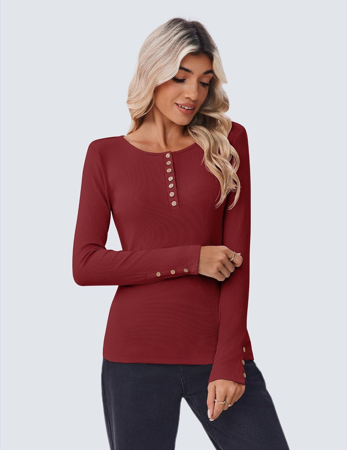 Womens Long Sleeve Henley T Shirts Button Ribbed Knit Slim Fitted Tee Tops Basic Casual Work Blouse XS-XXL - Image 2