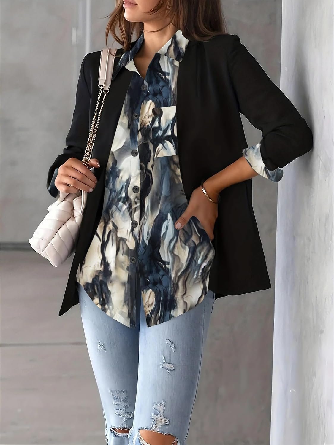 Womens Floral Button Down Shirt Long Sleeve Work Blouse with Pocket | Business Work Tops, Dressy Casual Shirts, Floral Blouse, Vacation Wear, Solid Color Outfits - Image 3