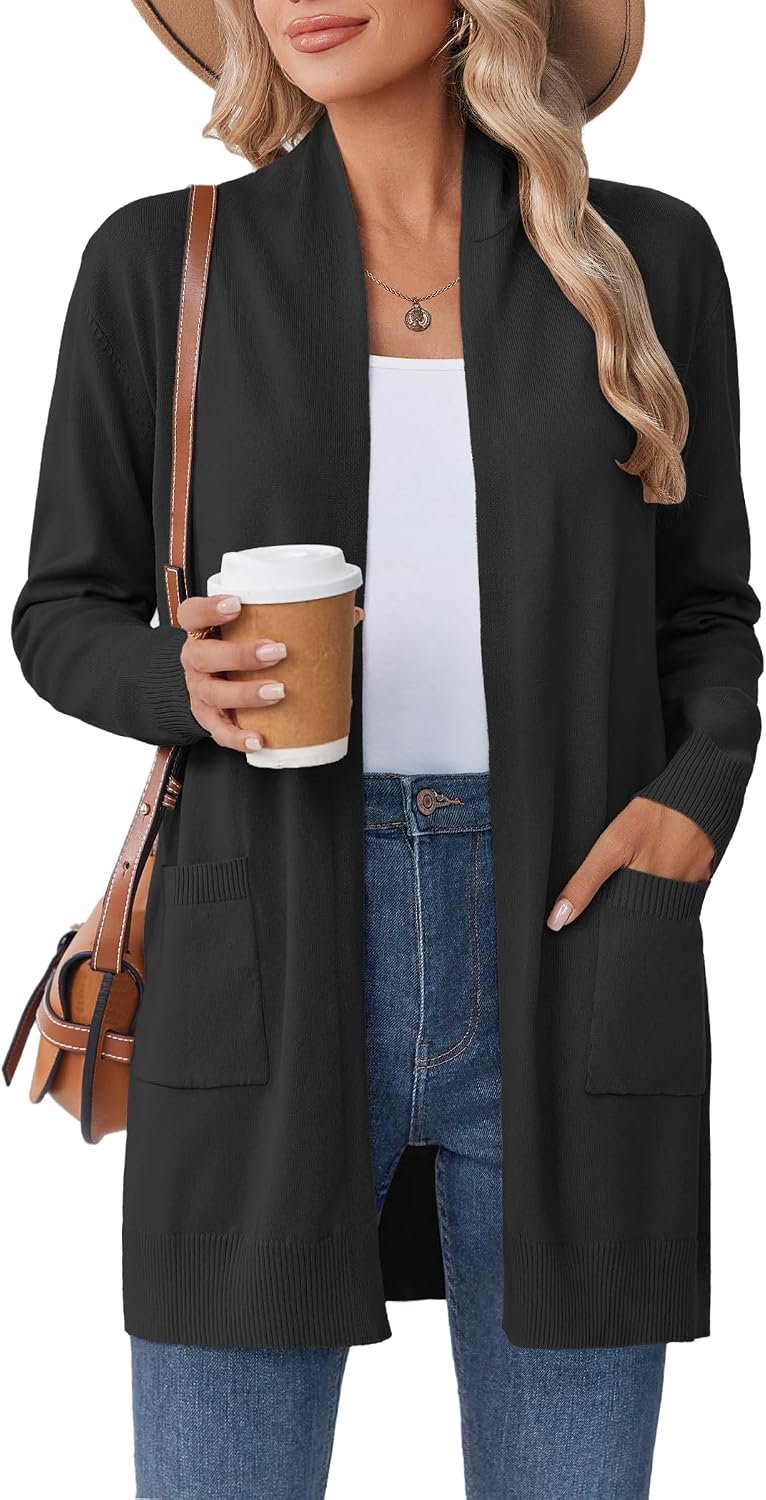 Women Long Cardigan Sweaters Lightweight Open Front Duster Knit Fashion Sweater Coats Trendy Cardigans with Pocket