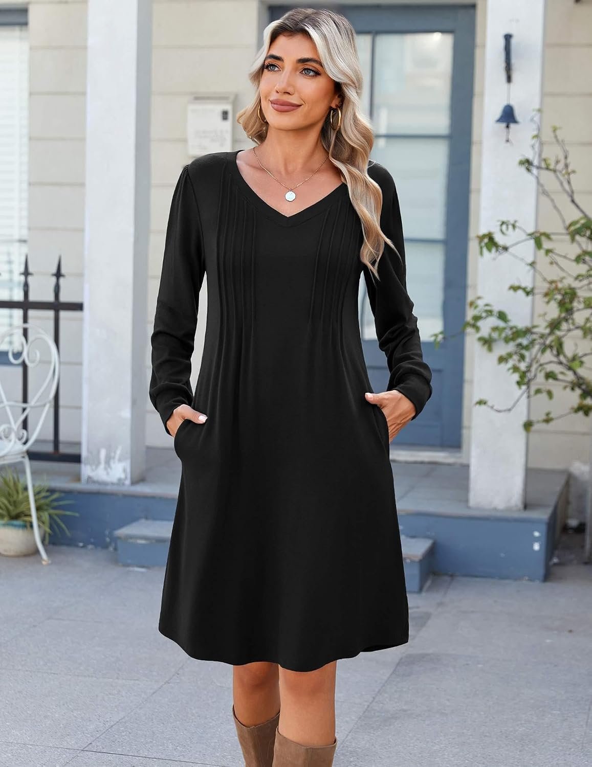 Fall Dresses for Women Long Sleeve Casual Pleated V Neck Dress 2026 A Line Tunic Dress - Image 2
