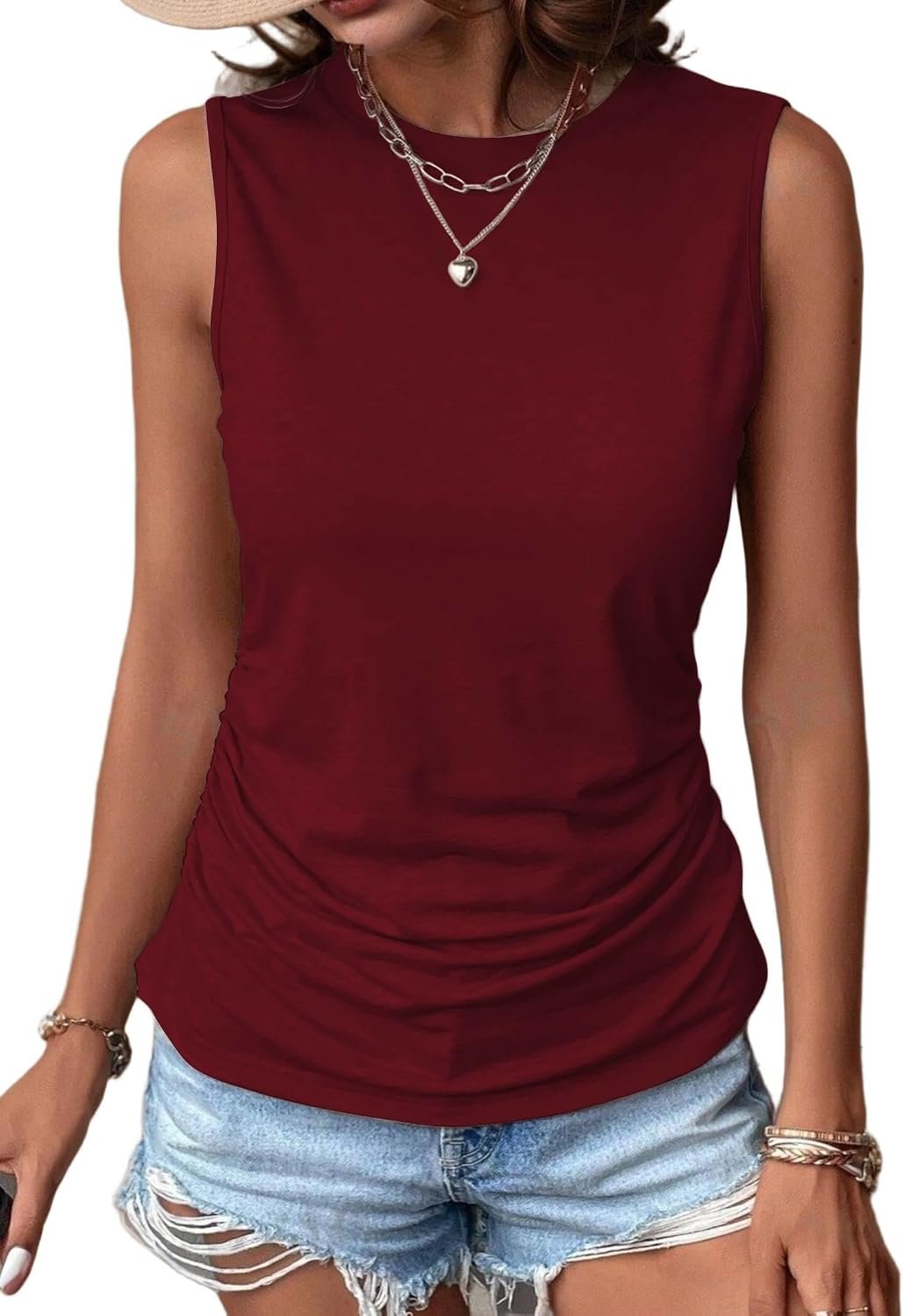 Womens Ruched Tank Tops Summer Dressy Casual Crewneck Sleeveless Shirts S-XXL
