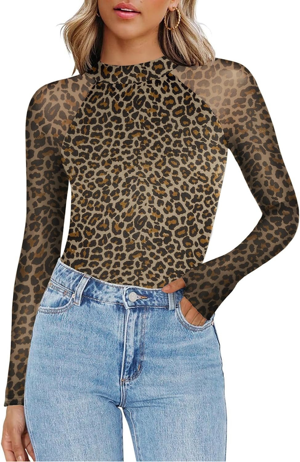 Long Sleeve Shirts for Women Sheer Mesh Top Mock Neck Fitted Blouses | Double-lined undershirts, see-through trendy fall clothes for going out, party, club wear