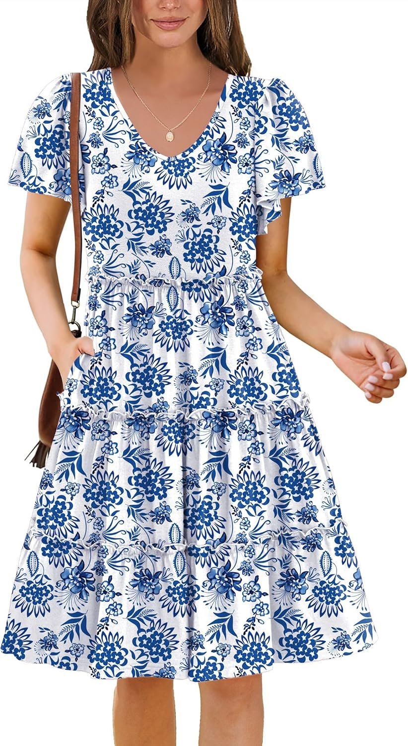 Summer Tiered Mini Dress with Pockets Ruffle Sleeve V-Neck Casual Dress A Line Boho Flowy Sundress 2026 Vacation