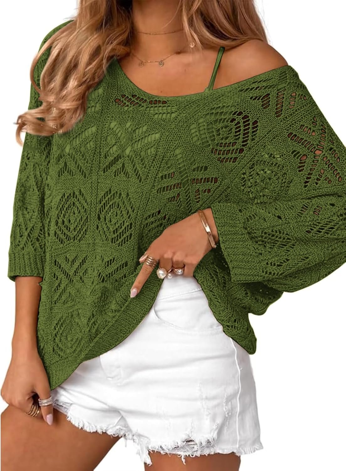 Women's Summer Crochet Off the Shoulder Hollow Out Knit Tops 2026 V Neck 3/4 Sleeve Sweater Top