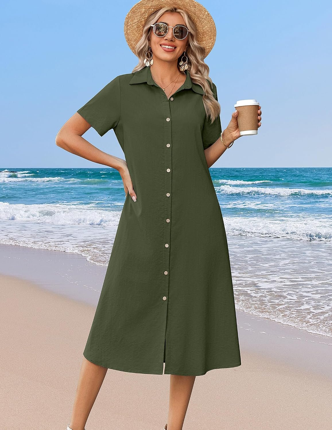 Summer Dresses for Women 2026 Button Down Shirt Dresses Aline Long Sundress Short Sleeve Beach Travel Cover Up - Image 3