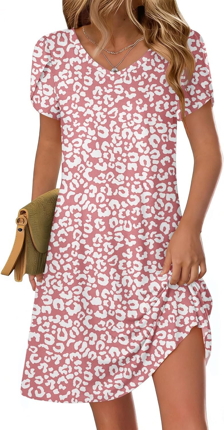 Womens Summer A-Line Dress with Pockets Mini Short Sleeve Dresses Flowy Beach Swing Dress 2026 Vacation Travel