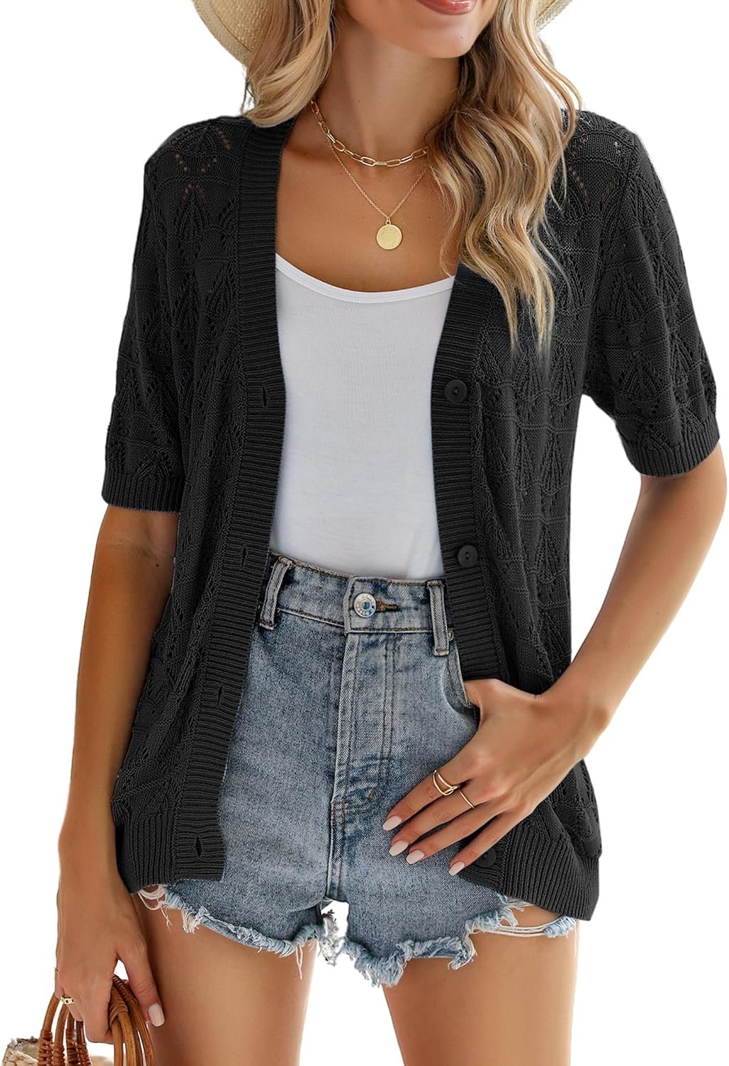 Women's Short Sleeve 2026 Summer Crochet Cropped Cardigan V Neck Button up Bolero Shrug Sweater