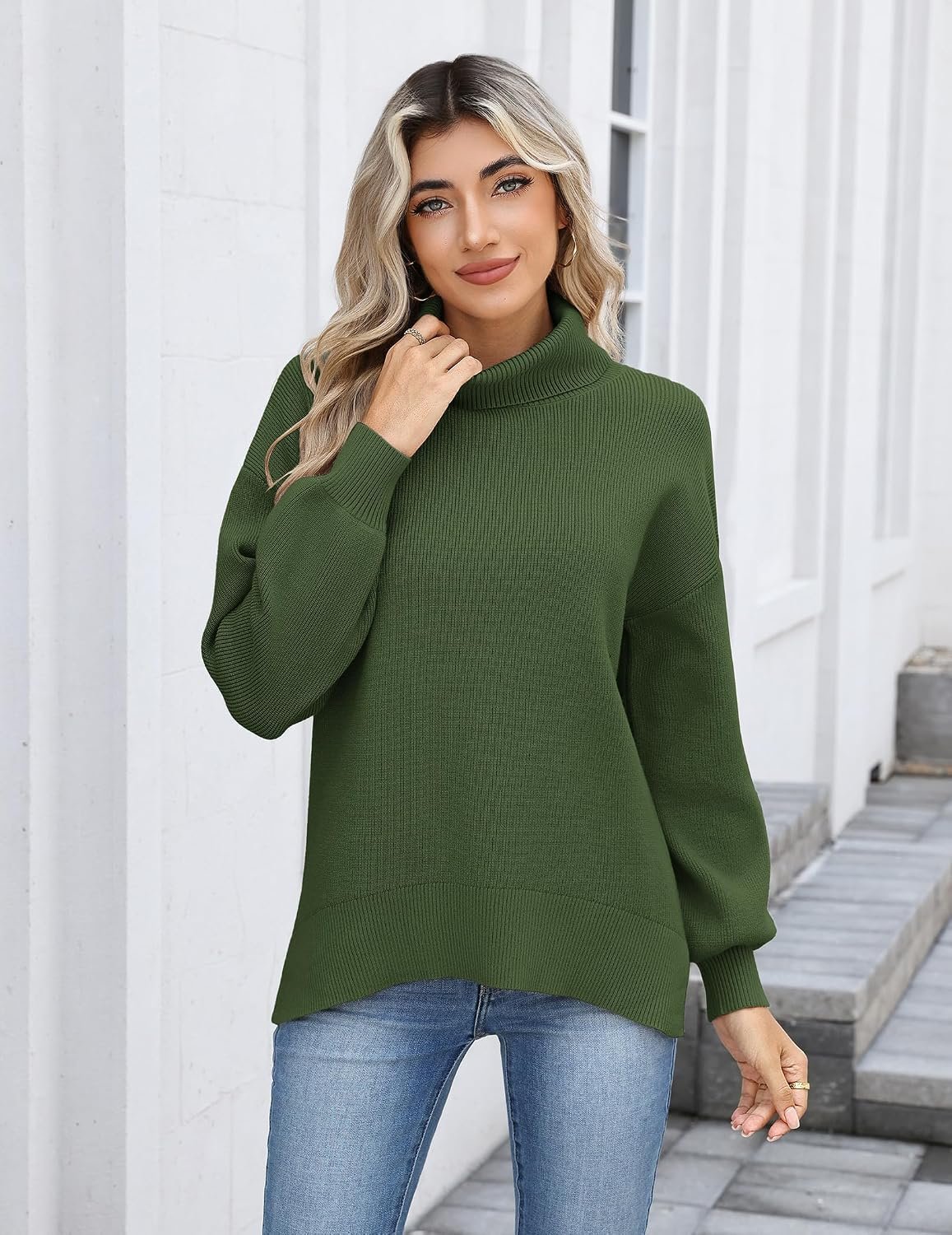 Women's Turtleneck Sweater 2026 Fall Winter Chunky Knit Sweaters Casual Side Slit Pullover Jumper Top - Image 2