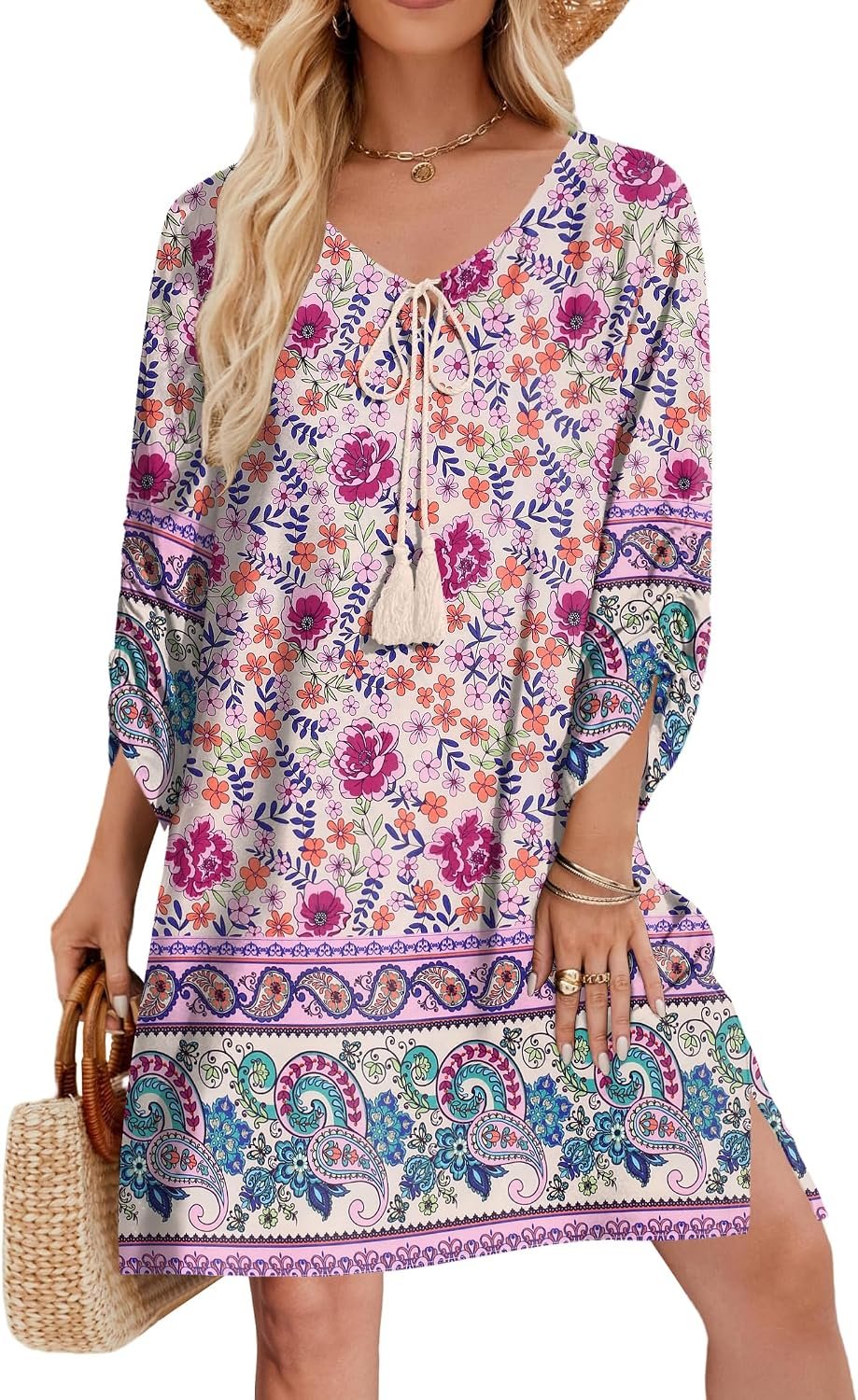 Womens Boho Dresses Casual Beach Summer Dress Tassel Tie Neck 3/4 Long Sleeve Mini Sundress 2026 Floral Print Cover Up - Image 2