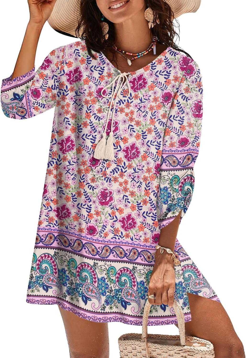 Womens Boho Dresses Casual Beach Summer Dress Tassel Tie Neck 3/4 Long Sleeve Mini Sundress 2026 Floral Print Cover Up - Image 5