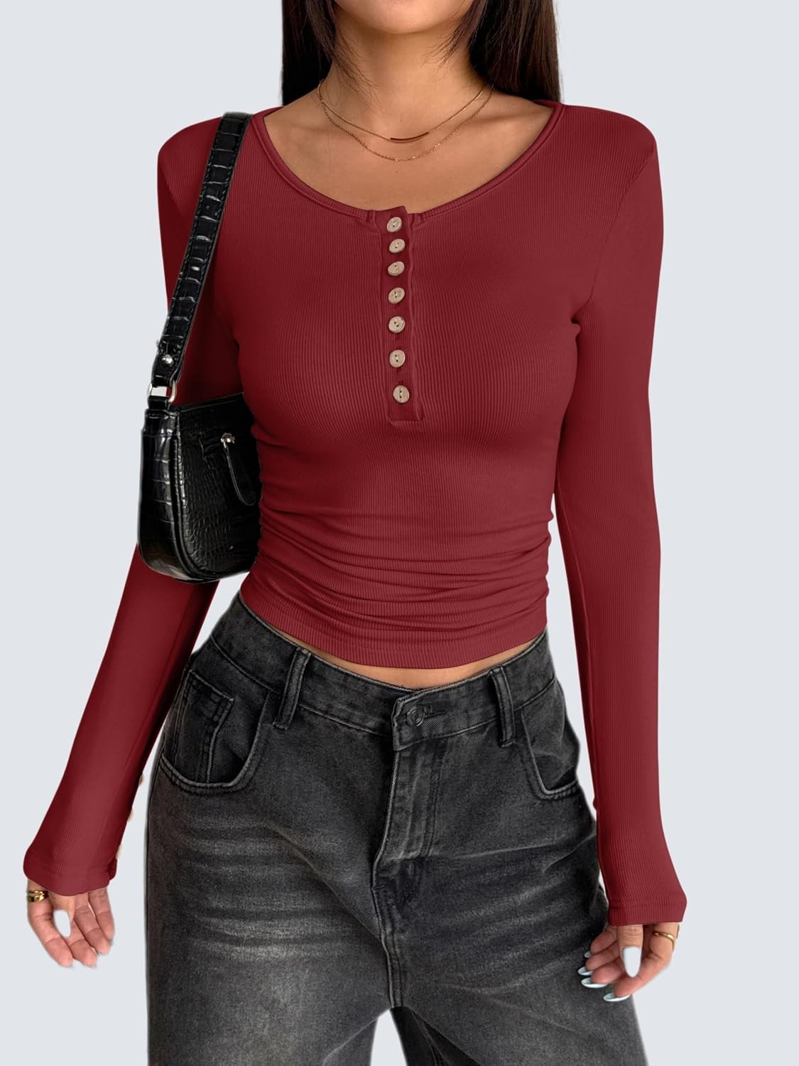 Womens Long Sleeve Henley T Shirts Button Ribbed Knit Slim Fitted Tee Tops Basic Casual Work Blouse XS-XXL - Image 6