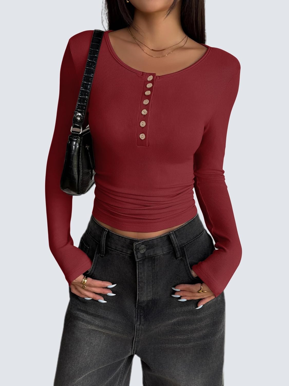 Womens Long Sleeve Henley T Shirts Button Ribbed Knit Slim Fitted Tee Tops Basic Casual Work Blouse XS-XXL - Image 5
