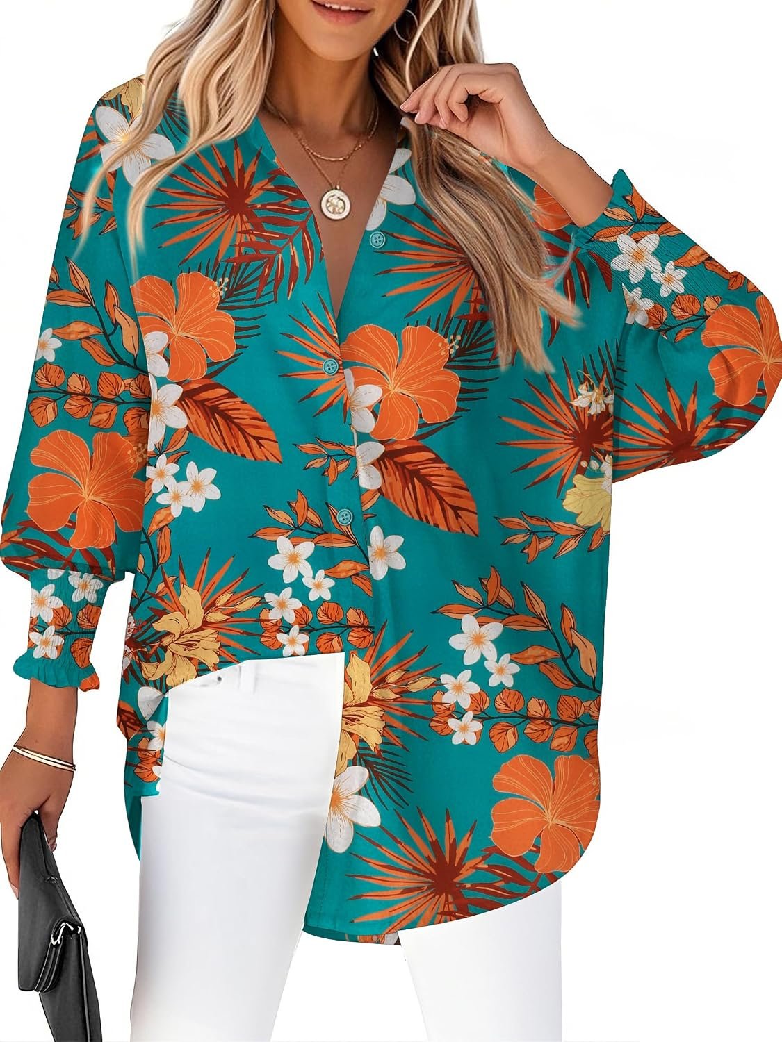 Women's Loose Fit Striped Lantern Long Sleeve Button Down Shirt