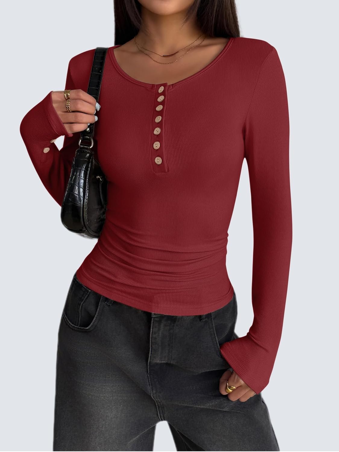 Womens Long Sleeve Henley T Shirts Button Ribbed Knit Slim Fitted Tee Tops Basic Casual Work Blouse XS-XXL - Image 3