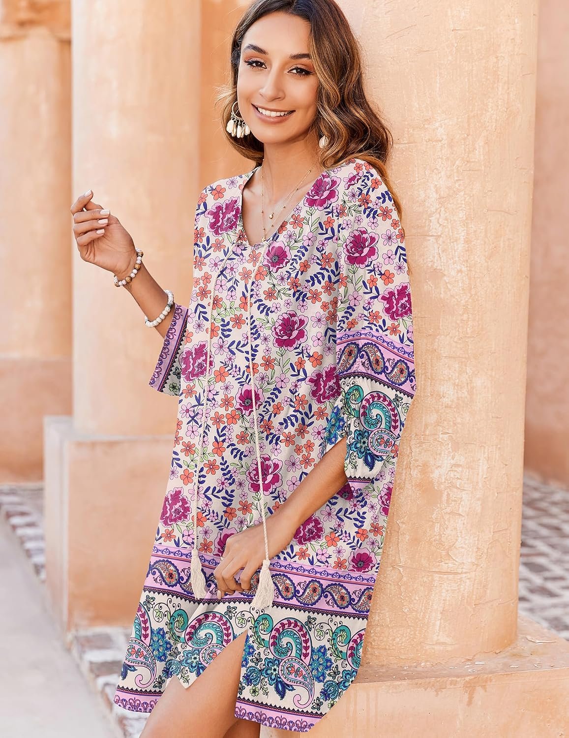 Womens Boho Dresses Casual Beach Summer Dress Tassel Tie Neck 3/4 Long Sleeve Mini Sundress 2026 Floral Print Cover Up - Image 4