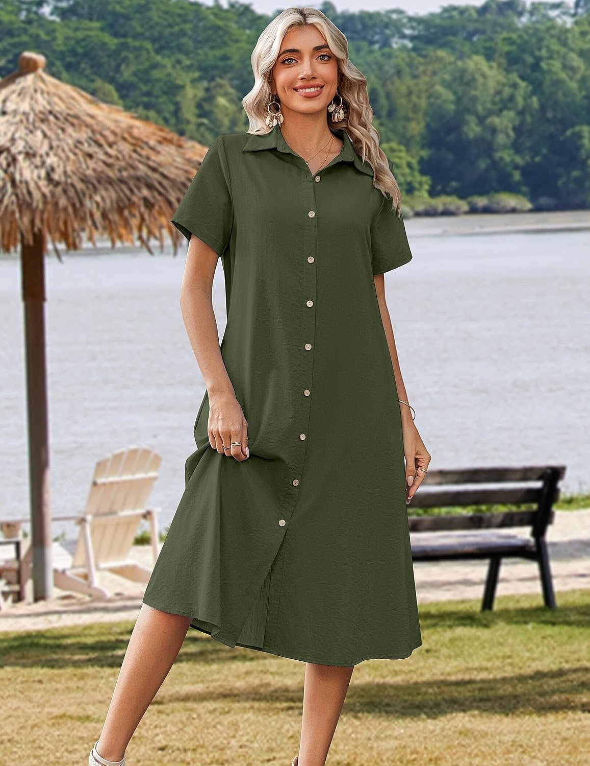Summer Dresses for Women 2026 Button Down Shirt Dresses Aline Long Sundress Short Sleeve Beach Travel Cover Up - Image 2
