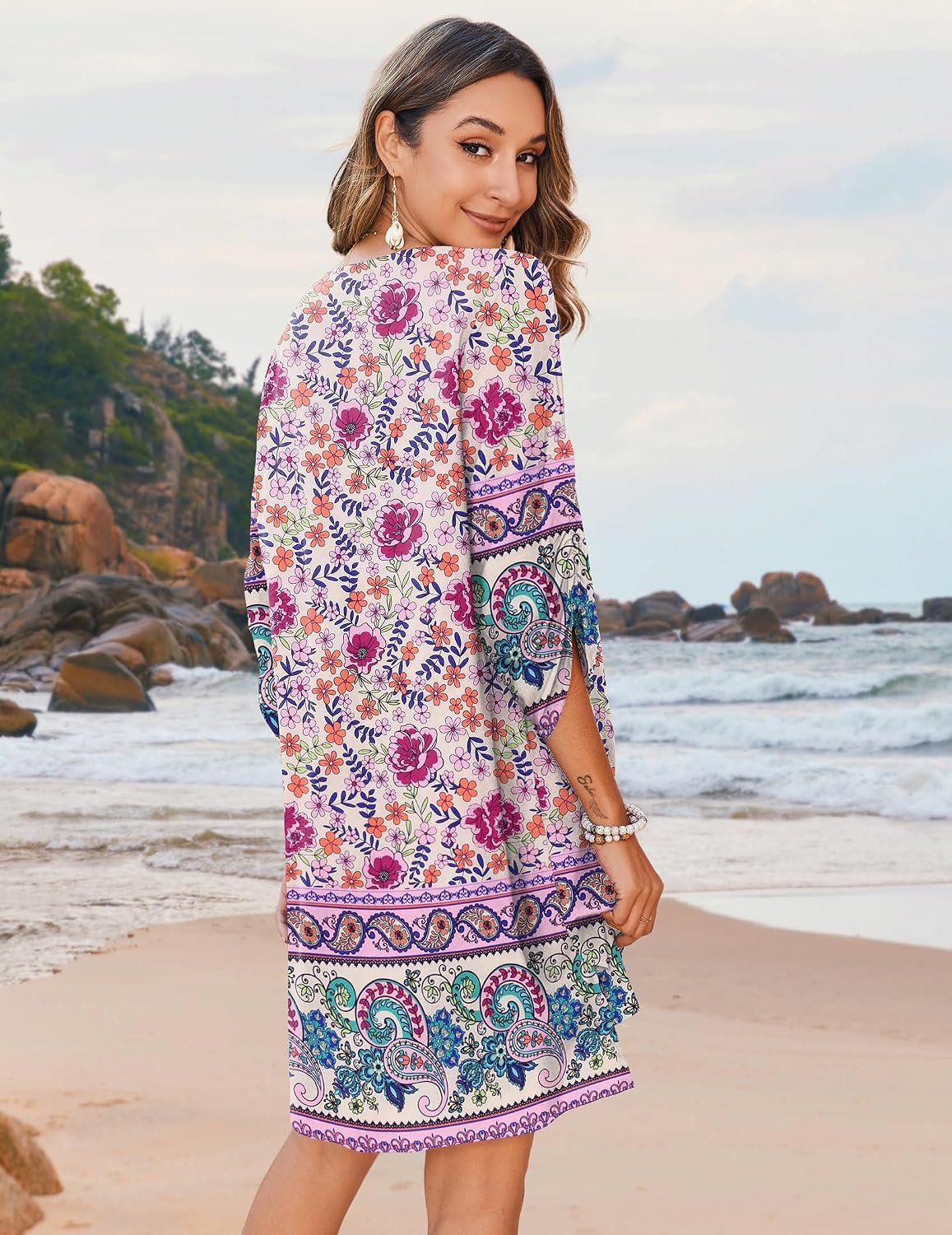 Womens Boho Dresses Casual Beach Summer Dress Tassel Tie Neck 3/4 Long Sleeve Mini Sundress 2026 Floral Print Cover Up - Image 6