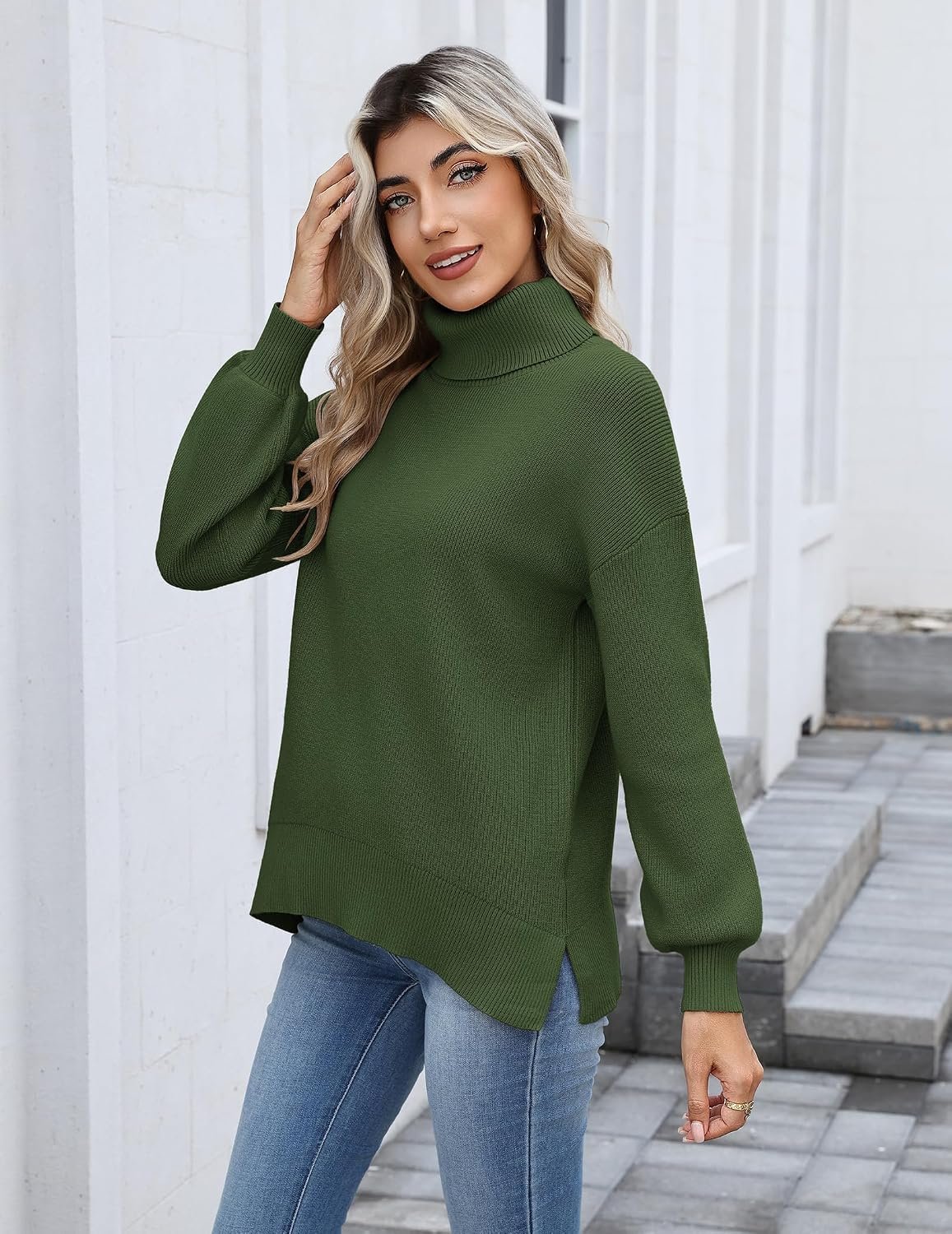 Women's Turtleneck Sweater 2026 Fall Winter Chunky Knit Sweaters Casual Side Slit Pullover Jumper Top - Image 4