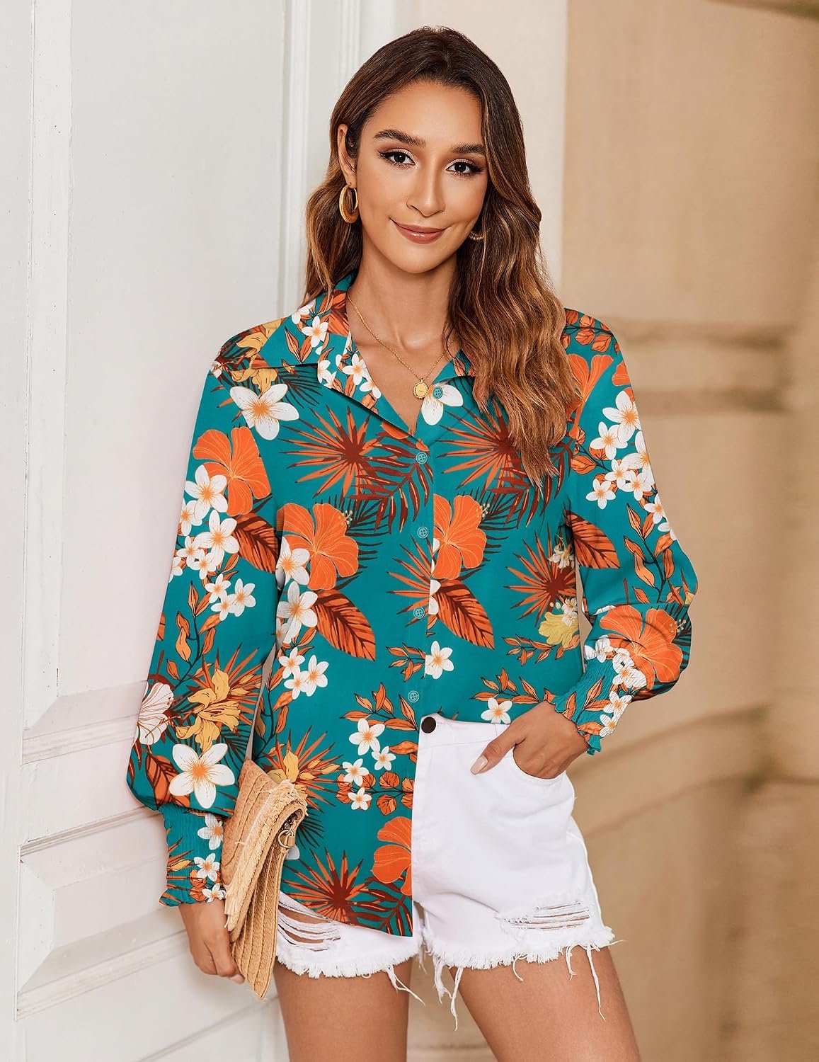Women's Loose Fit Striped Lantern Long Sleeve Button Down Shirt - Image 2