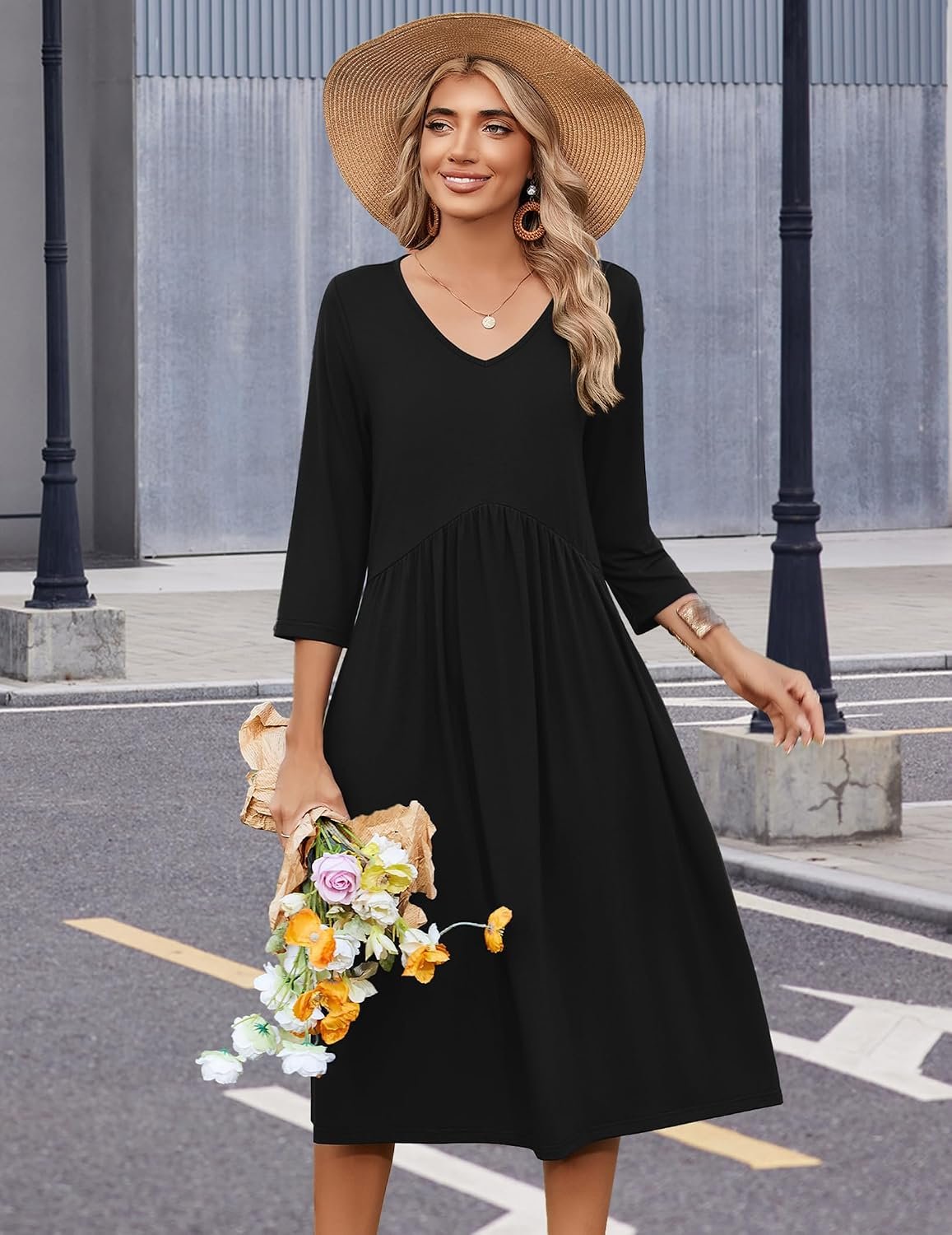 Summer Dresses for Women 2026 3/4 Sleeve Casual Midi Tshirt Dresses | Empire Waist, Flowy A-line Midi, Side Pockets, Boho Style, Tummy Control,loose fit, Beach Sundress, Great for Casual, Work - Image 3