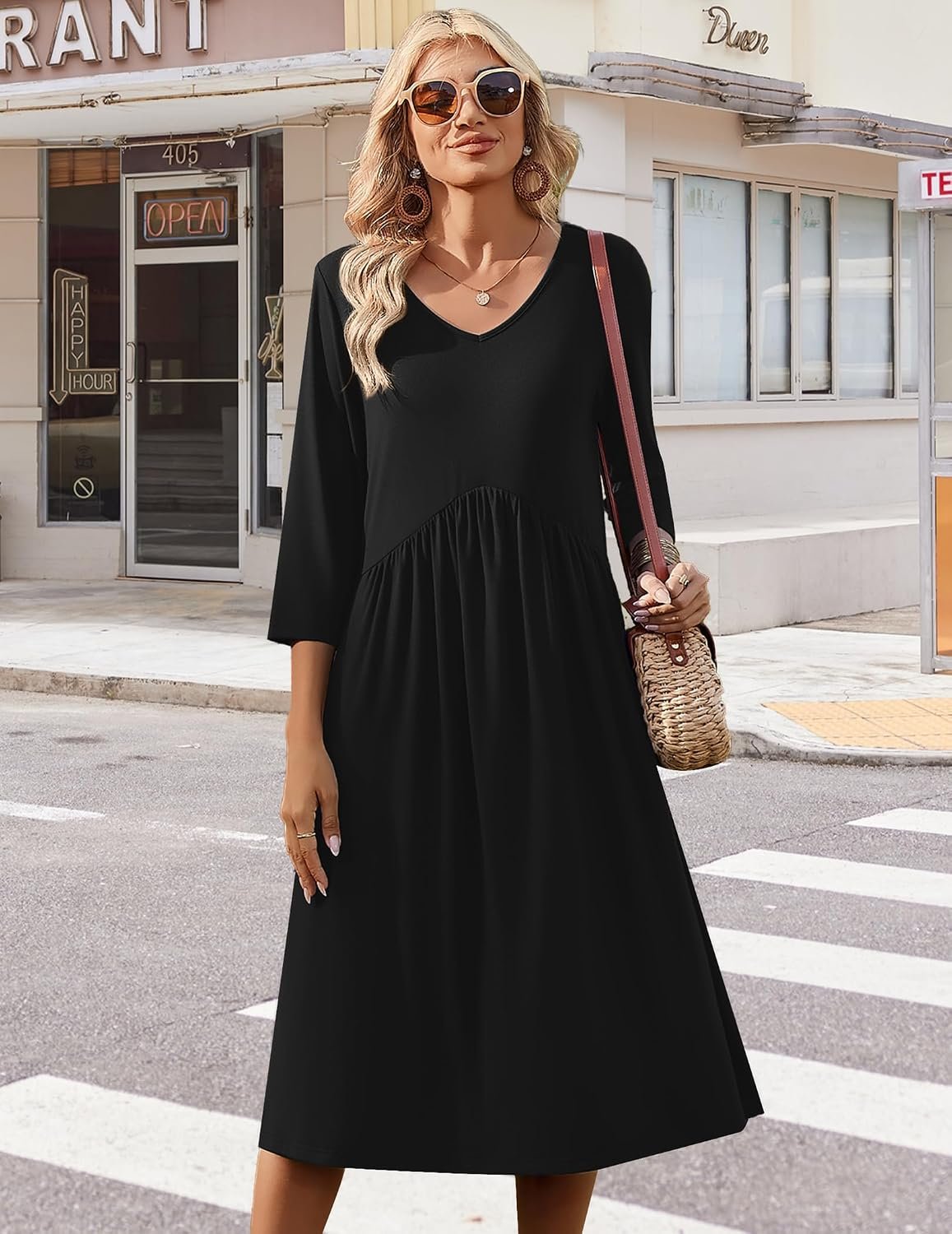 Summer Dresses for Women 2026 3/4 Sleeve Casual Midi Tshirt Dresses | Empire Waist, Flowy A-line Midi, Side Pockets, Boho Style, Tummy Control,loose fit, Beach Sundress, Great for Casual, Work - Image 5