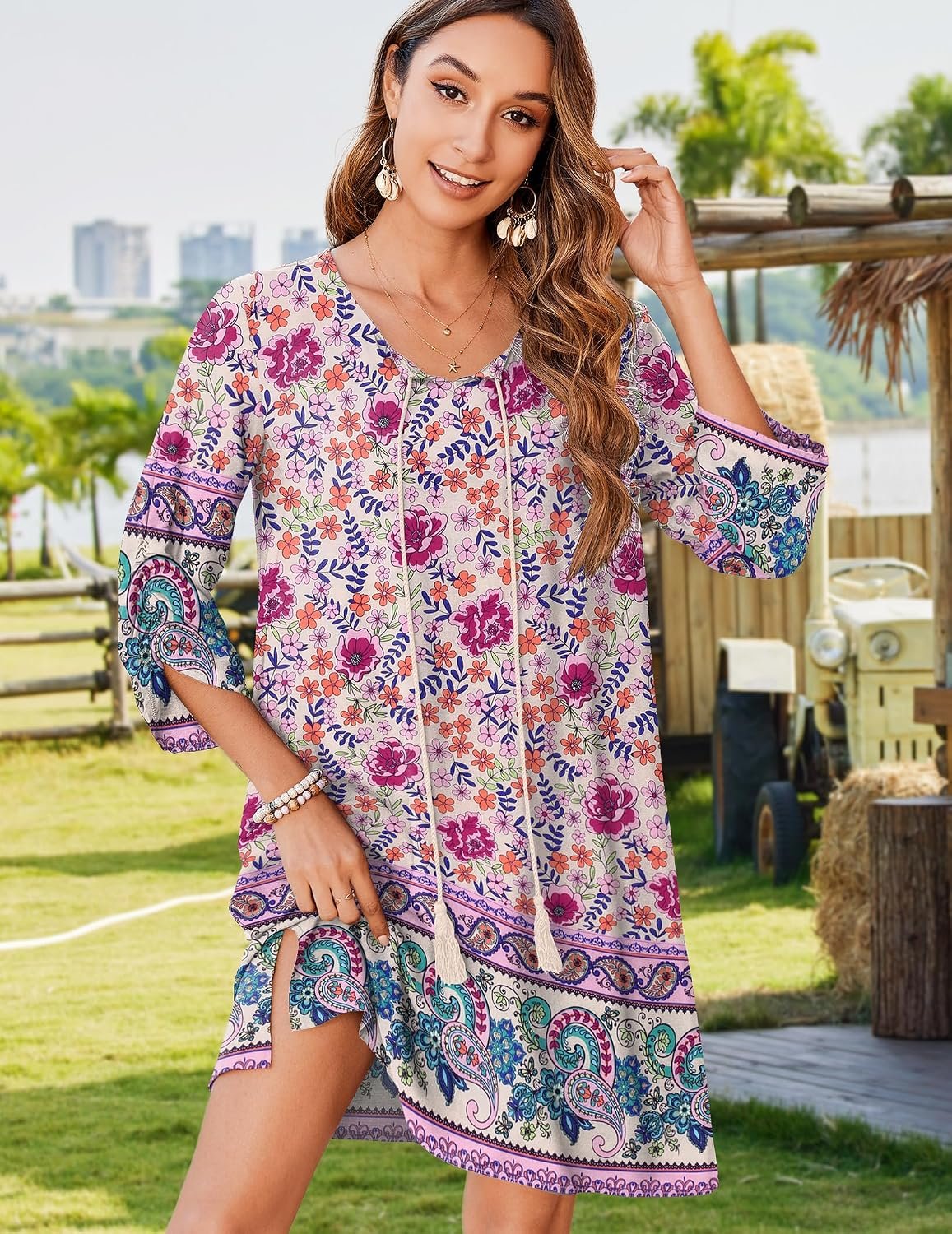 Womens Boho Dresses Casual Beach Summer Dress Tassel Tie Neck 3/4 Long Sleeve Mini Sundress 2026 Floral Print Cover Up - Image 3