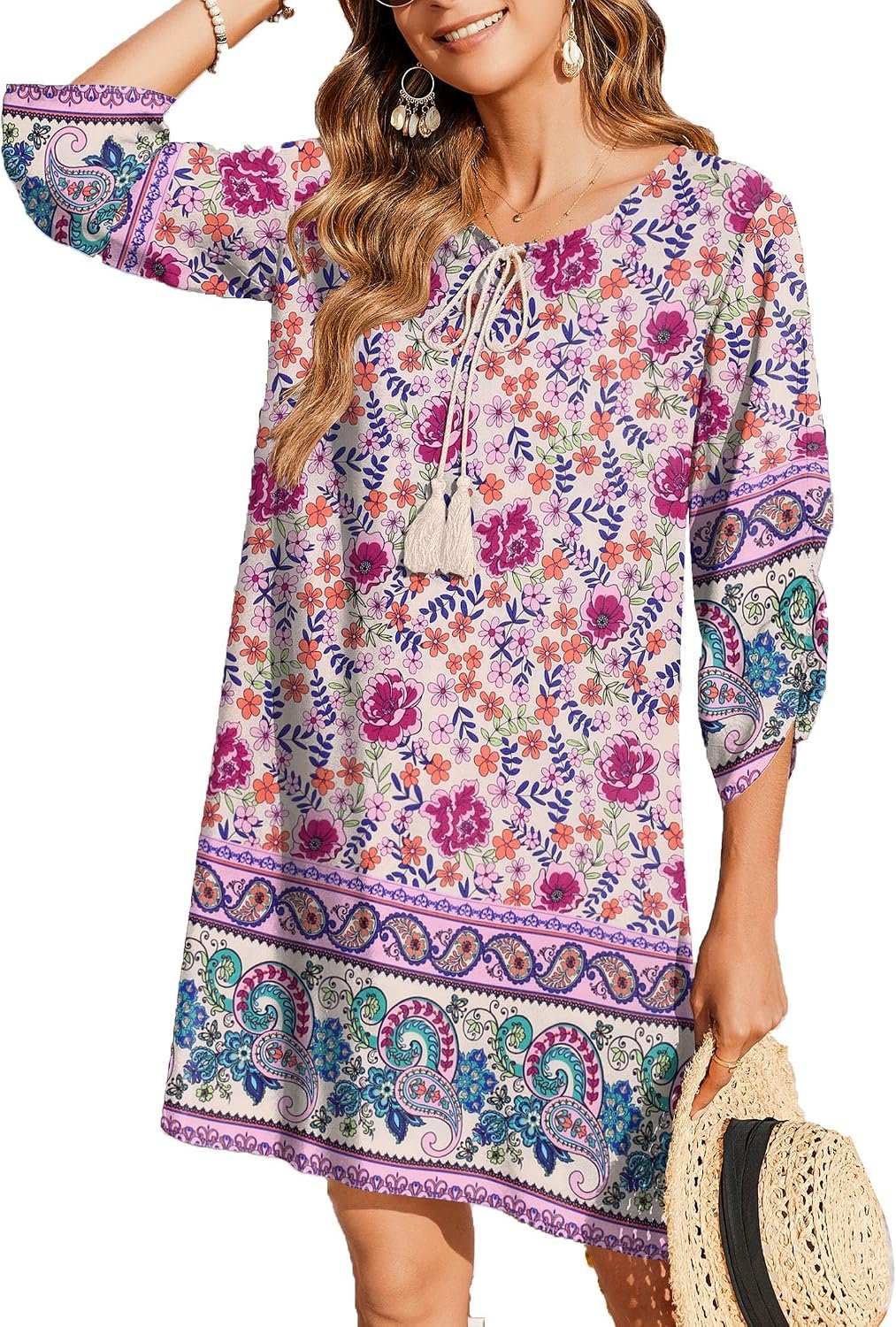Womens Boho Dresses Casual Beach Summer Dress Tassel Tie Neck 3/4 Long Sleeve Mini Sundress 2026 Floral Print Cover Up